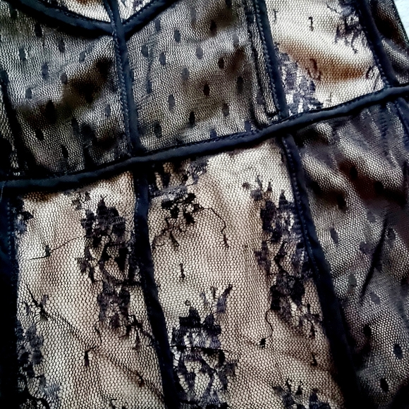 Strapless, black lace, knee length, corset dress with light beige/ tan under lay - Picture 7 of 8